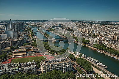 River Seine and buildings seen from the Eiffel Tower in Paris Editorial Stock Photo